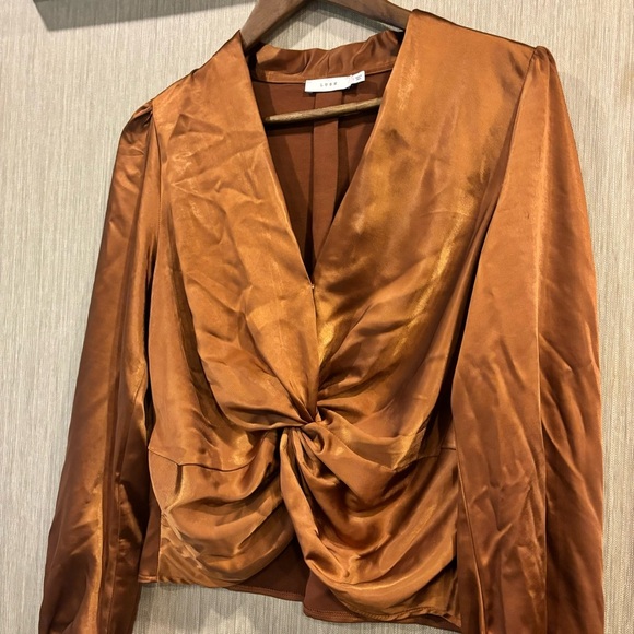 LUSH Rust Orange Satin Long Sleeve Blouse with Tie Front - Picture 2 of 5